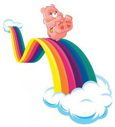 a happy teddy bear sliding down a rainbow